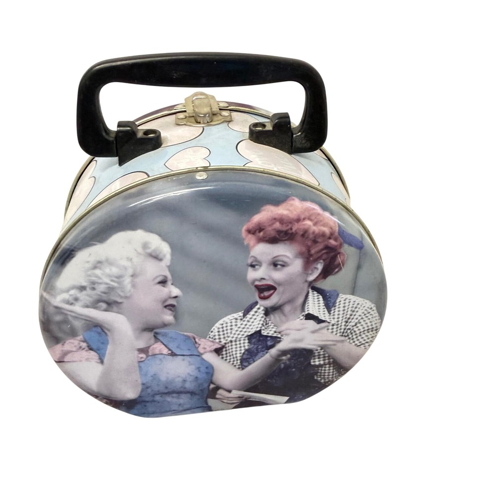 Vintage I Love Lucy Metal Tin Lunch Pail Box Hearts Handle Storage Container